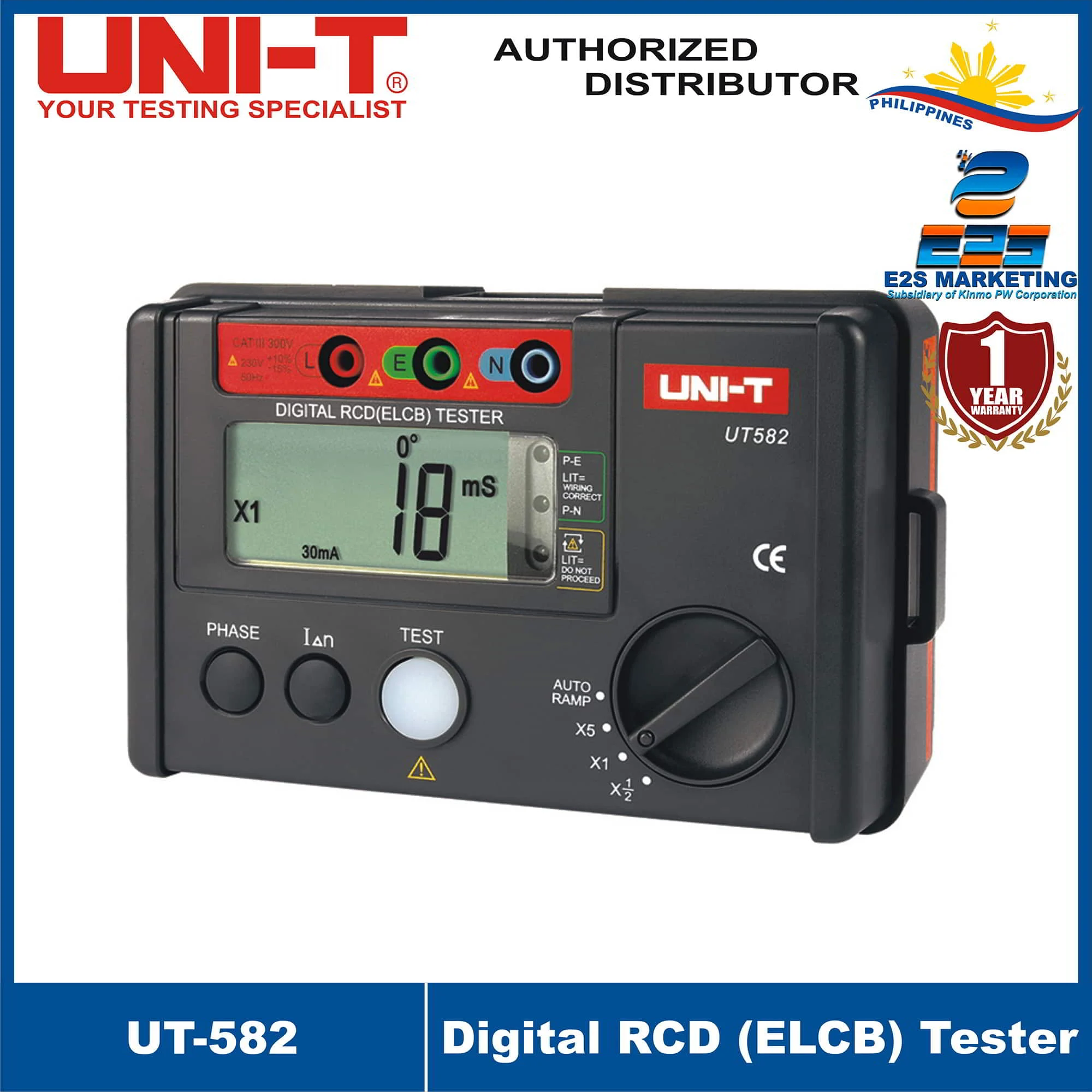 UNI-T UT582 Digital RCD (ELCB) Tester Auto Ramp with Mis-Operation Buzzer Multimeter , It Meets IEC61557 Standard UT-582