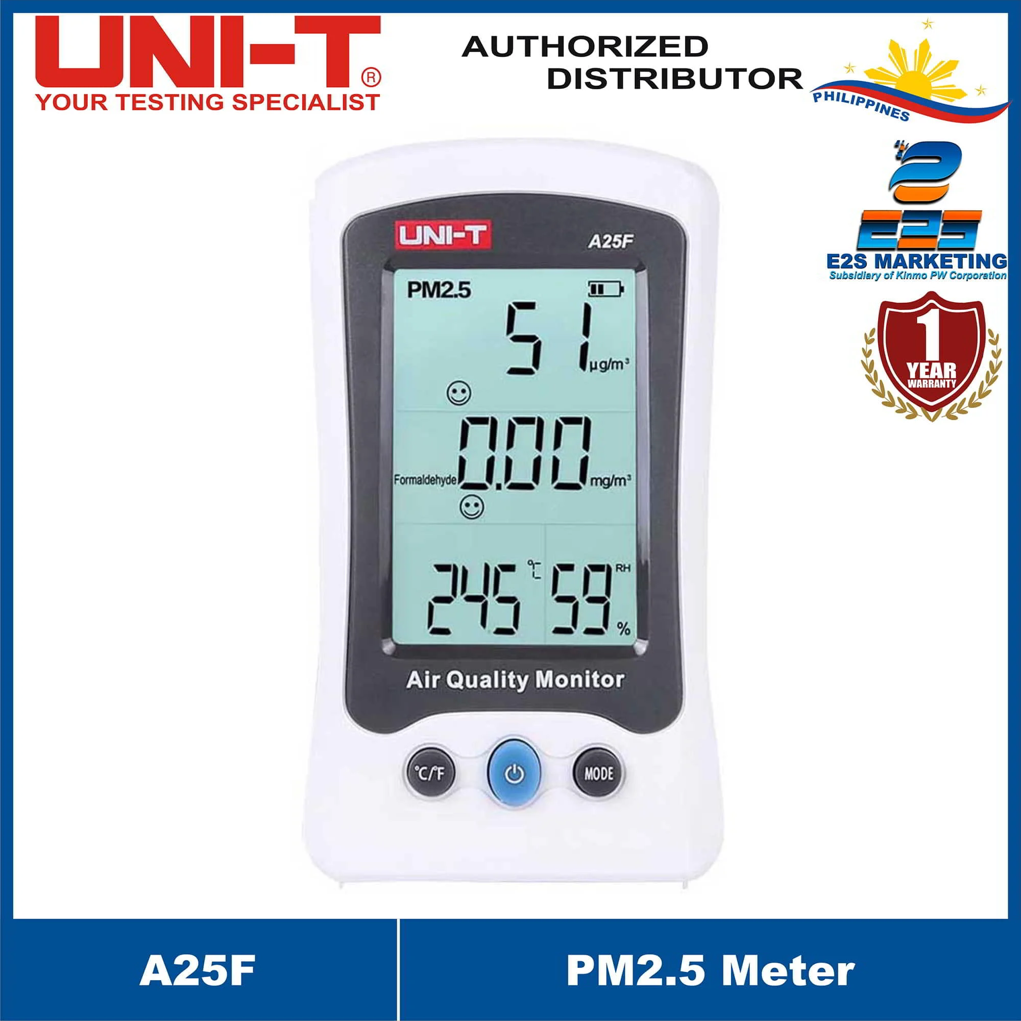 UNI-T A25F PM2.5 Meter Air Quality Monitor Temperature/Humidity measurement, Emoticon display LCD backlight A25F