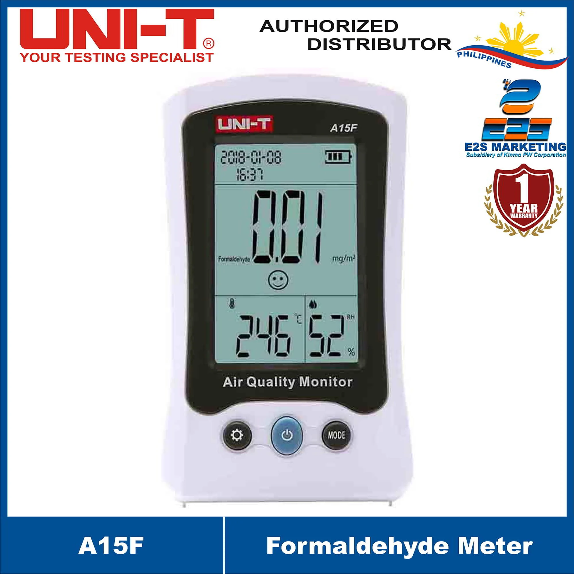 UNI-T A15F Air Quality Monitor Formaldehyde Meter Temperature/Humidity Measurement, LED backlight/Concentration Emoticon/Visual Backlight Alarm A15F