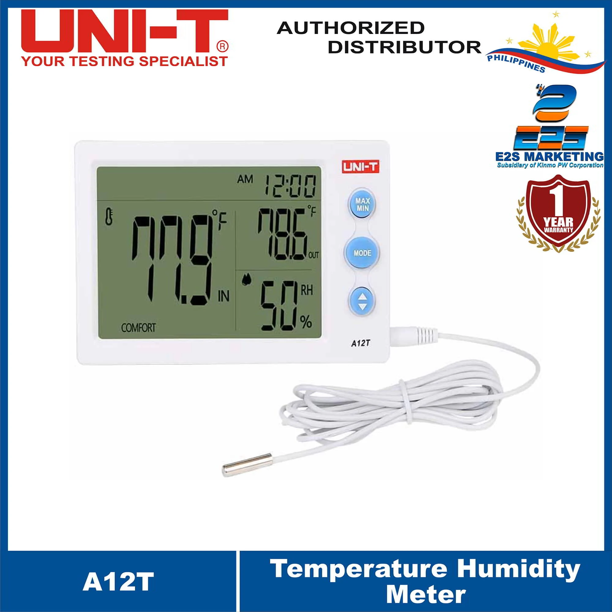 UNI-T A12T Humidity and Dual Temperature Meter with External Probe ℃/℉ Selectable A12T (White)