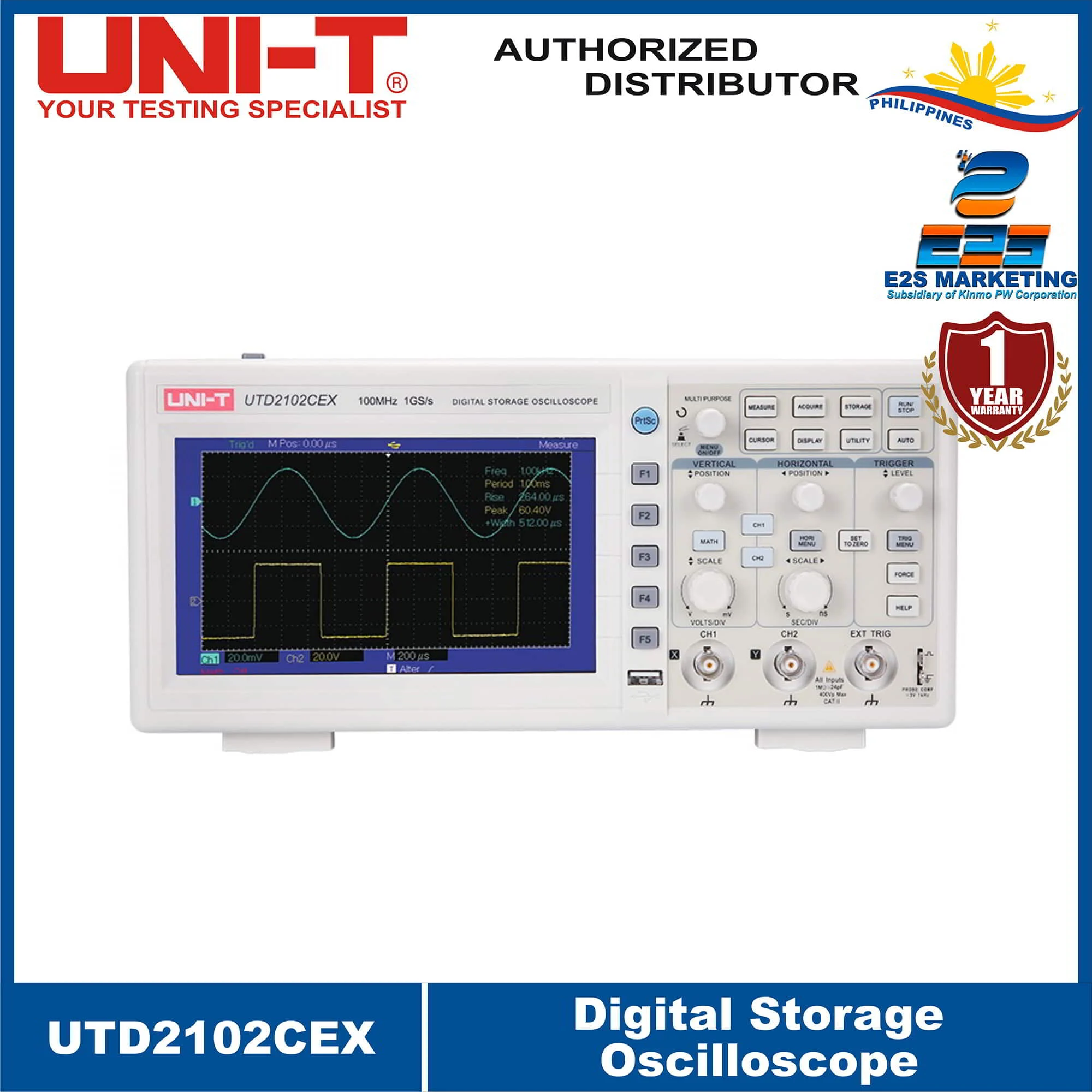 UNI-T UTD2102CEX Storage Oscilloscope Dual Channel Power 100-240VAC, 45-440Hz UTD-2102CEX