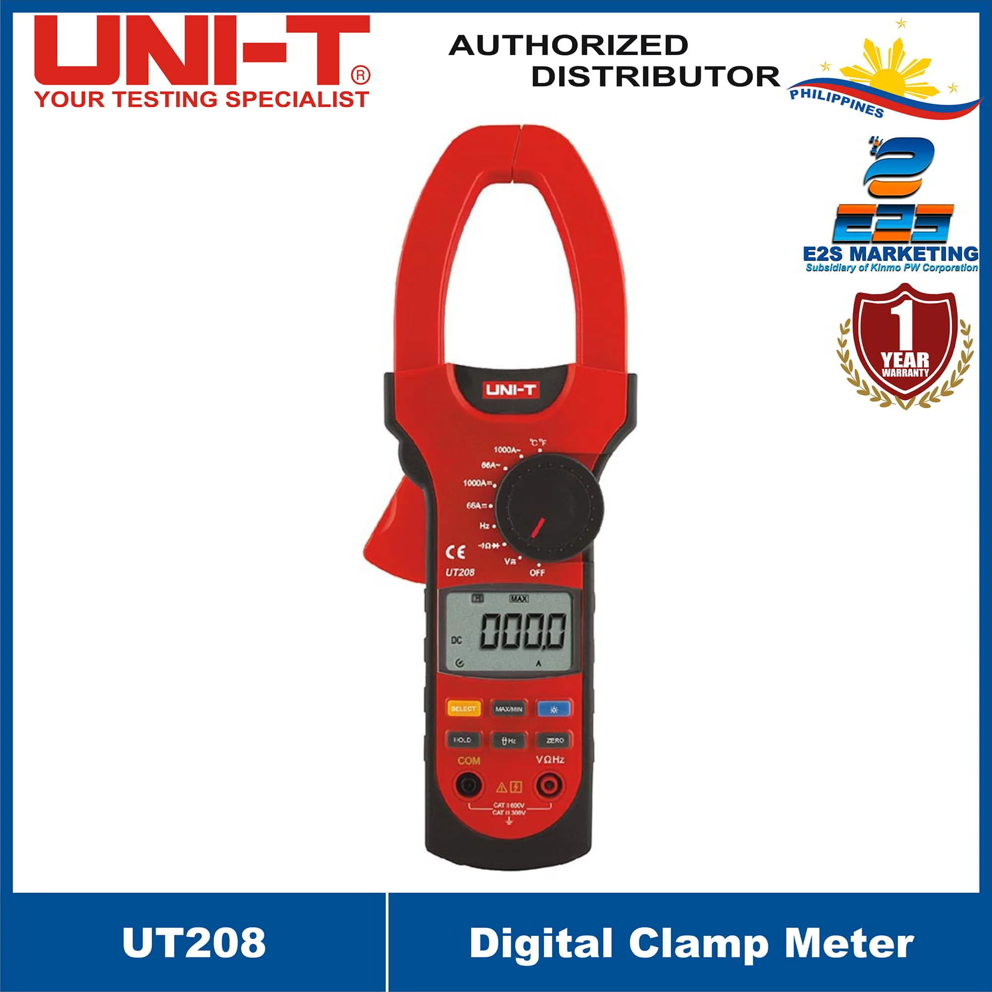 UNI-T UT208 1000A AC/DC Digital Clamp Meter , True RMS 55mm Jaw AC Current/DC Current /AC Voltage/DC Voltage/Resistance/Frequency/Temperature UT-208