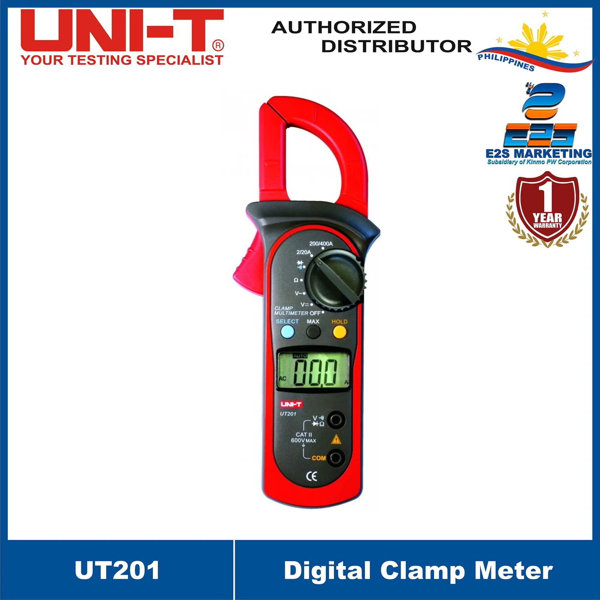 UNI-T UT201 Digital Clamp Multi-Tester 600A ; A/C current, A/C voltage, D/C voltage, Resistance, Display count, Auto range UT-201
